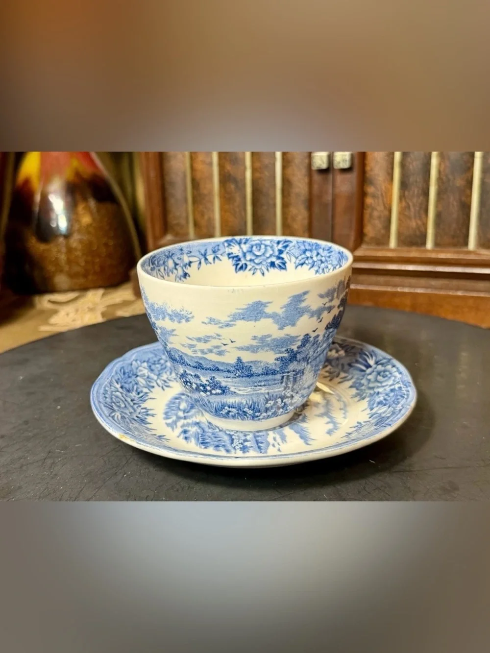 Vintage 1950s Salem English Village Blue Transferware Teacup & Saucer England